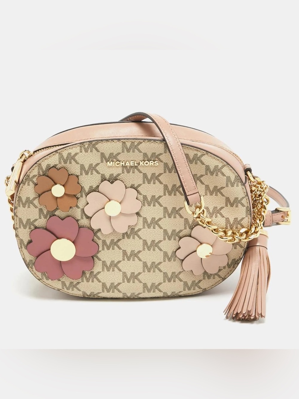 $298 Michael Kors Old Rose Signature Leather Floral Applique Ginny Crossbody Bag